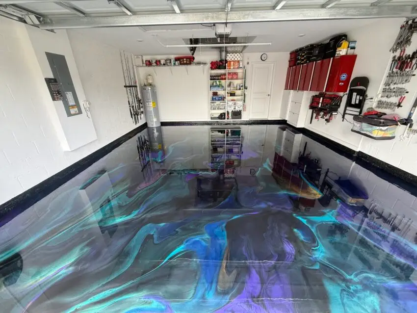 Metallic epoxy floor with flowing copper and dark movement
